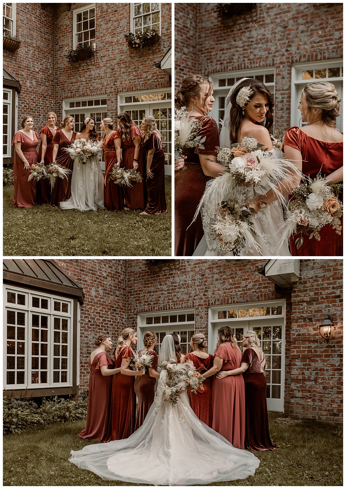 Bride shows off wedding gown with bridesmaids at the Twickenham House in Jefferson, North Carolina taken by Paisley Sunshine Studios. 