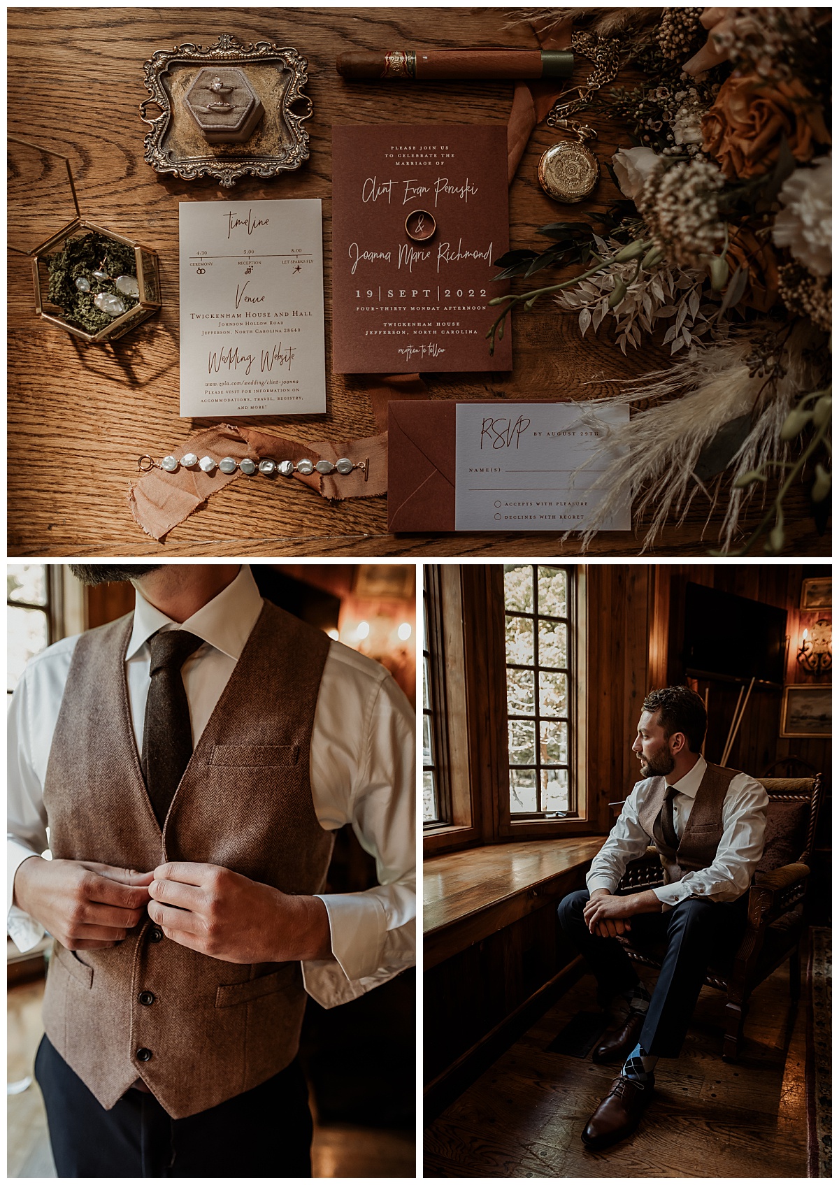 Groom and wedding suite details for a boho elopement at Twickenham House in Jefferson, North Carolina captured by Paisley Sunshine Weddings. 