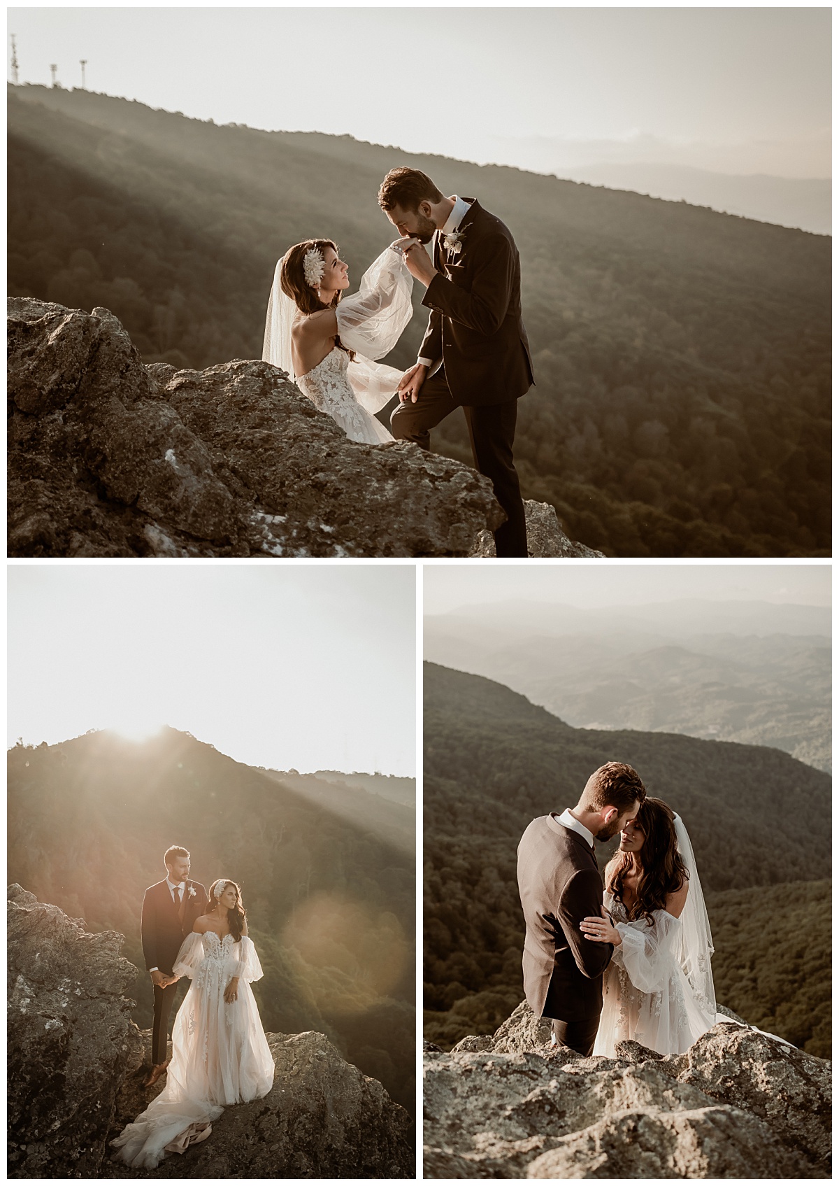Groom kisses bride's hand on the mountains at their boho wedding at the Twickenham House in Jefferson, NC captured by Paisley Sunshine Studios. 
