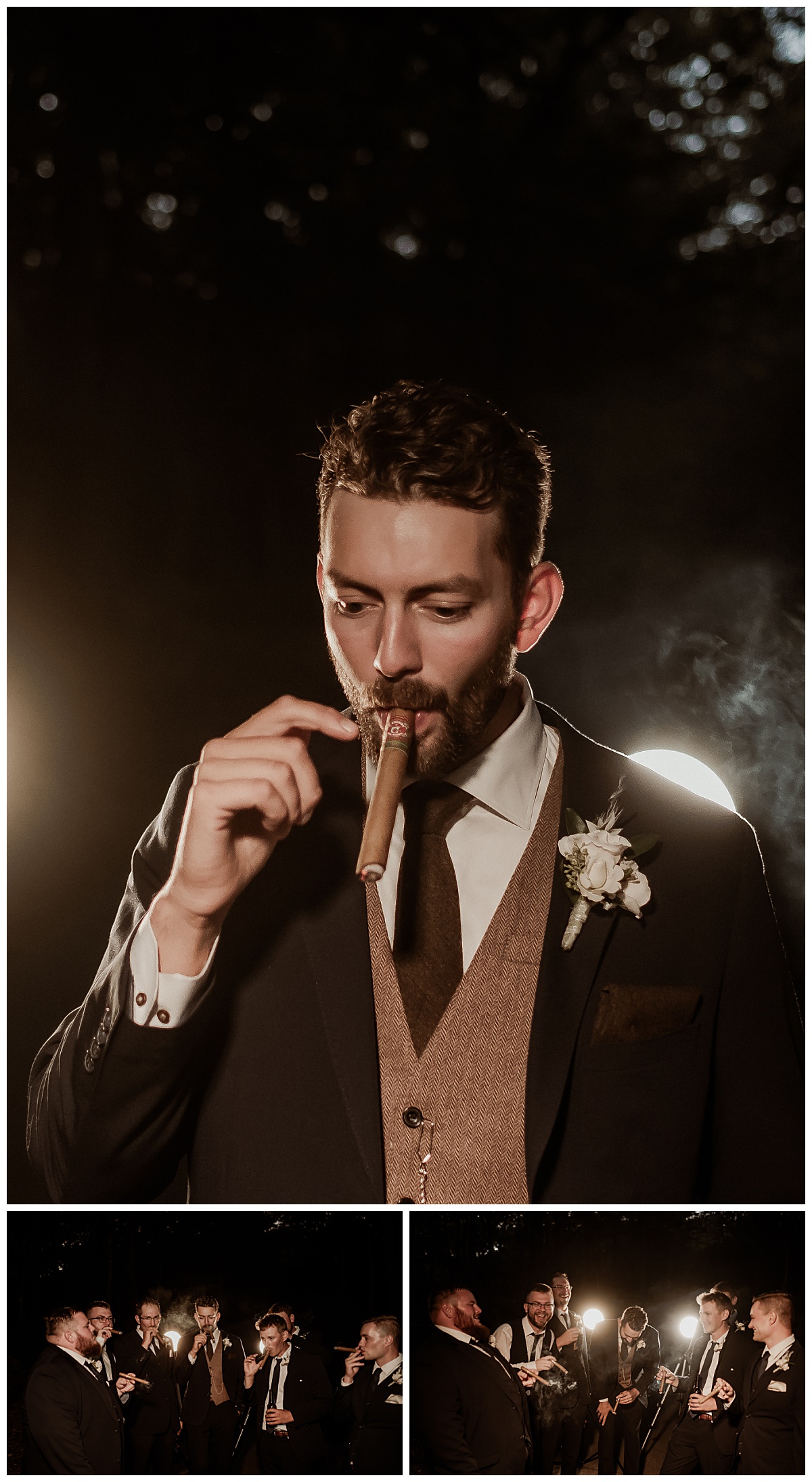 Groom and groomsmen smoking cigars at the wedding reception at the Twickenham House in Jefferson, NC captured by Paisley Sunshine Studios. 