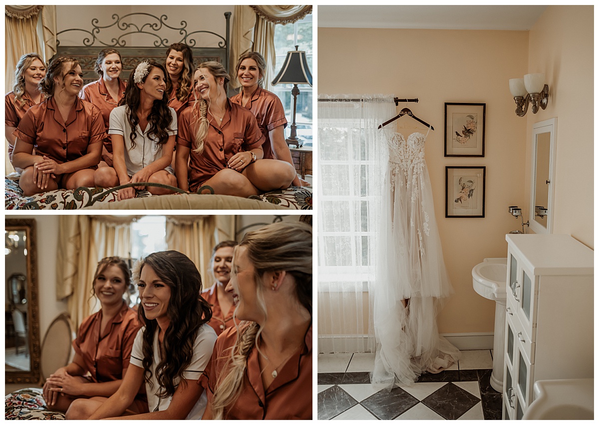 Bridal party in robes getting ready for a boho wedding at the Twickenham House in Jefferson, NC captured by Paisley Sunshine Studios.