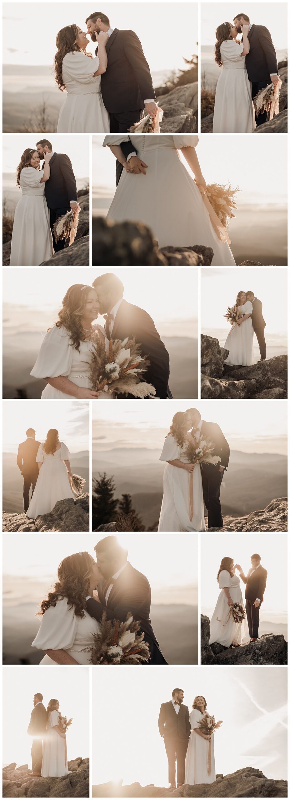 Golden hour bride and groom pictures on the mountainside for their wedding portraits for a boho elopement at Grandfather Mountain in Linville, NC captured by Paisley Sunshine Photography, a North Carolina Wedding and Elopement Photographer. 