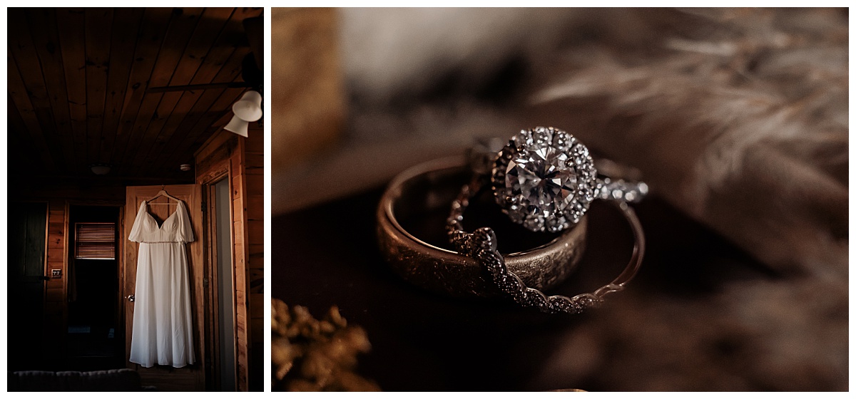 Wedding rings and wedding dress in a cabin at Grandfather Mountain for an intimate elopement. 