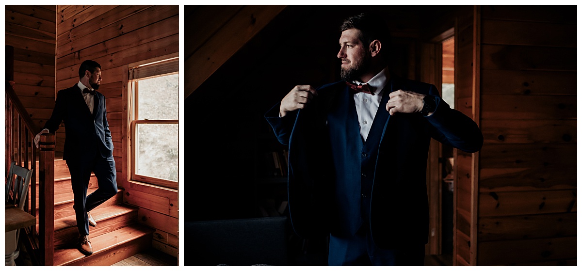 Groom getting ready photography for a boho elopement at Grandfather Mountain in Linville, NC captured by Paisley Sunshine Photography, a North Carolina Wedding and Elopement Photographer. 