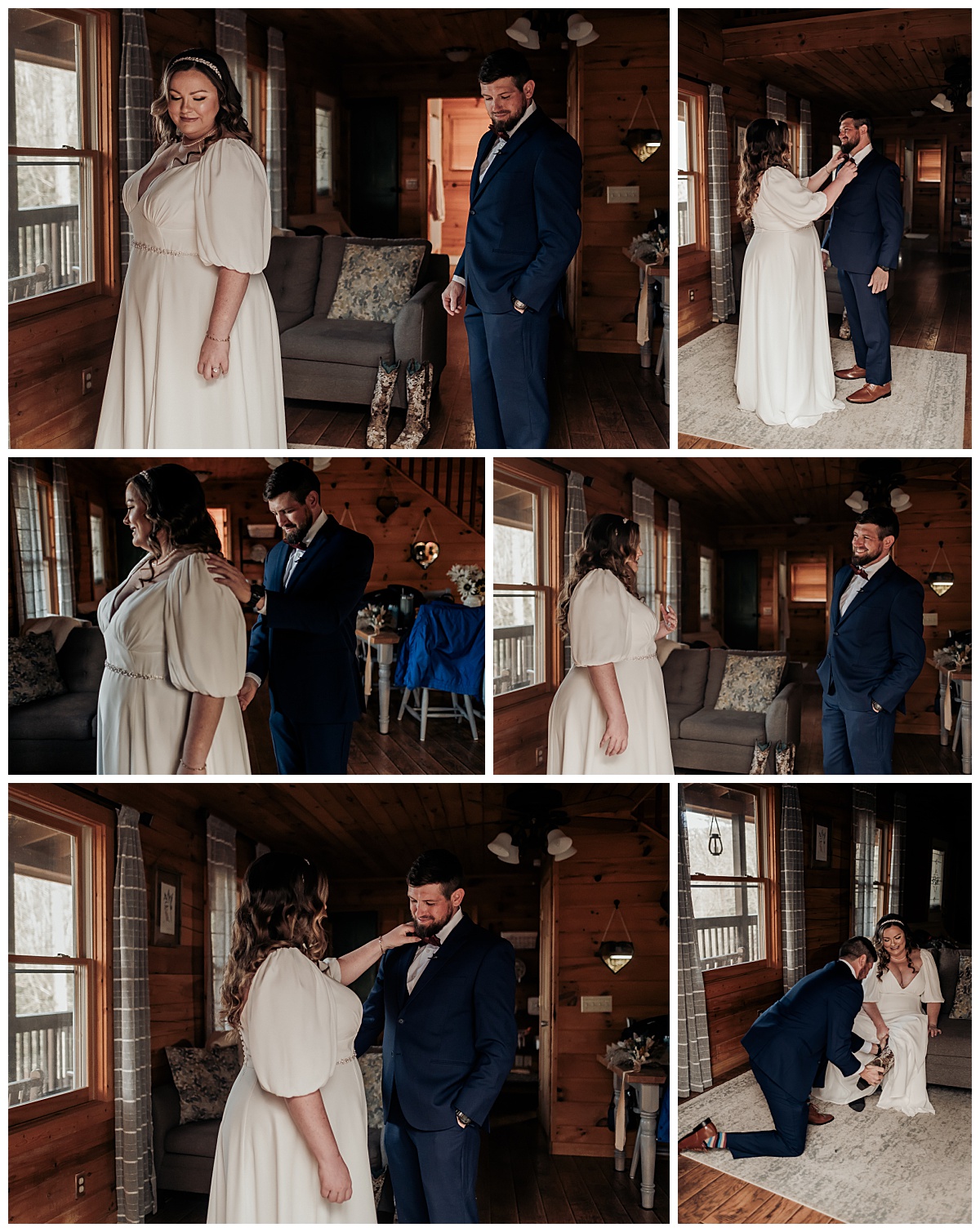 The bride and groom's first look in the cabin for their boho elopement at Grandfather Mountain in Linville, NC captured by Paisley Sunshine Photography, a North Carolina Wedding and Elopement Photographer. 