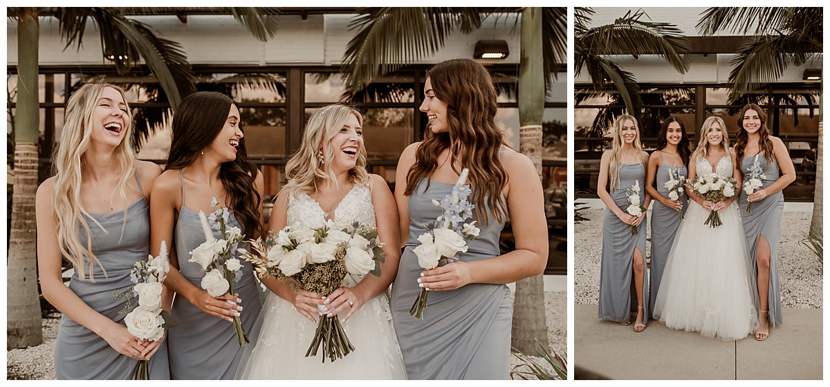 Bridesmaids in dusty blue for boho industrial wedding at Haus 820 captured by Paisley Sunshine, a Lakeland Wedding Photographer.