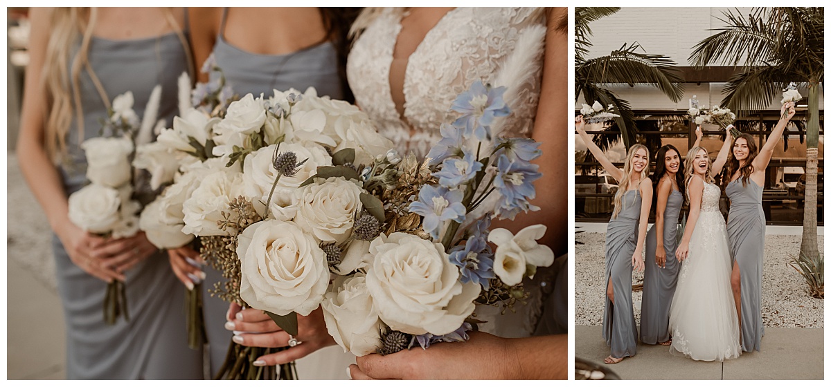 Bridal bouquets in dusty blue for boho industrial wedding at Haus 820 captured by Paisley Sunshine, a Lakeland Wedding Photographer.