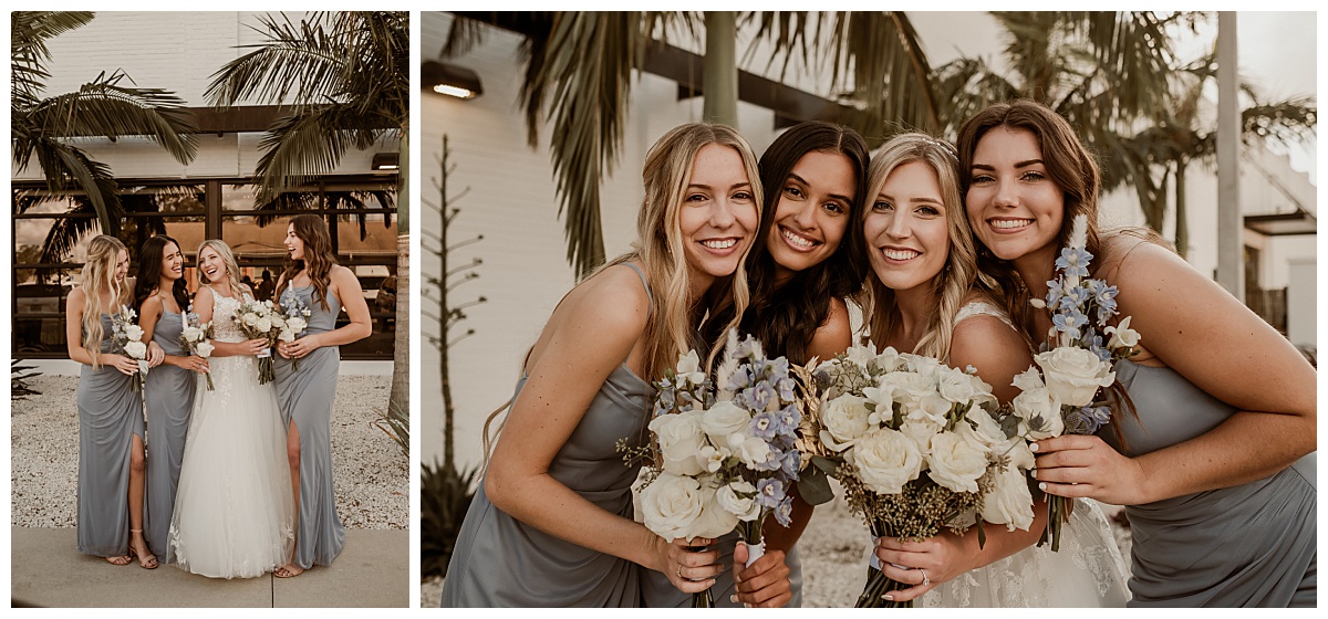 Bridesmaids in dusty blue for boho industrial wedding at Haus 820 in Lakeland, Florida. 