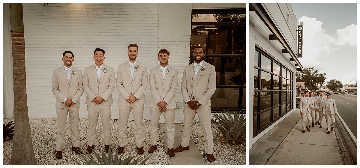 Groomsmen in tan tuxedos at Haus 820 for a boho industrial wedding.