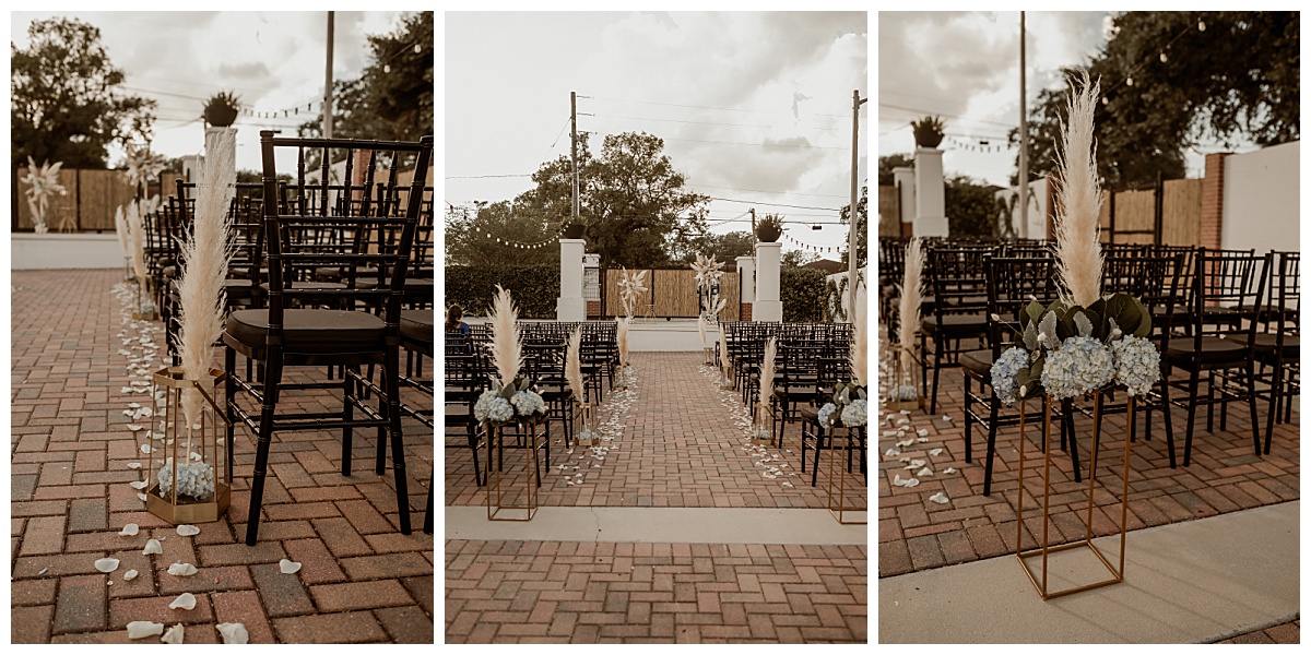 Wedding ceremony decor for a boho wedding at Haus 820 in Lakeland, Florida. 