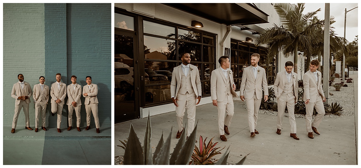 Groomsmen in neutral tuxedos at Haus 820 for a boho industrial wedding.