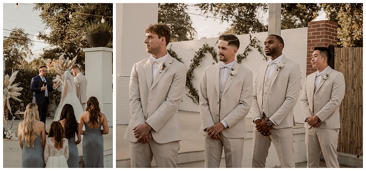 Bridesmaids and groomsmen look on during wedding ceremony at Haus 820 in Lakeland, FL.