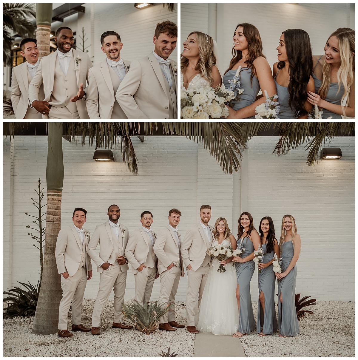Bridal Party in dusty blue dresses and khaki tuxedos for a boho wedding at Haus 820, an industrial wedding venue in Lakeland, FL. 