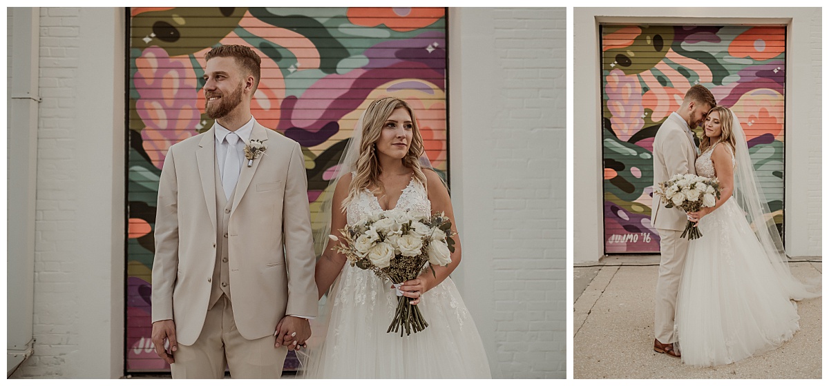 Bride and groom portraits in front of mural at Haus 820 in Lakeland, Florida. 
