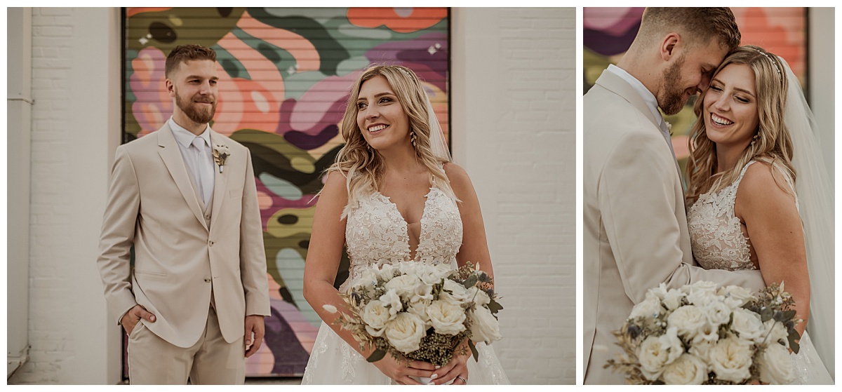 Bride and groom photography in front of colorful wall at Haus 820 captured by Paisley Sunshine. 