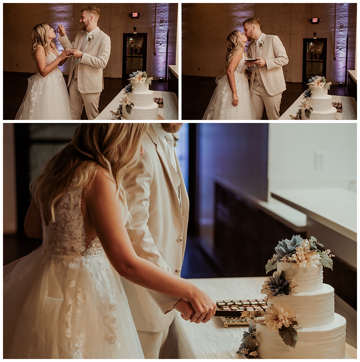 Bride and groom cut the wedding cake. 