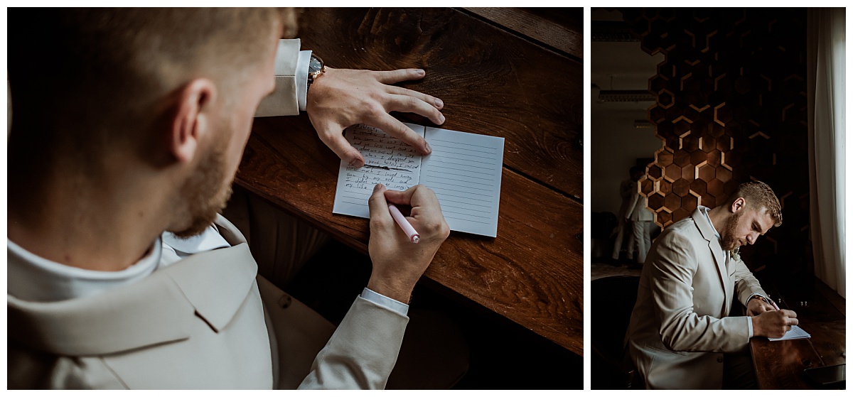 Groom writing a letter to his bride. 