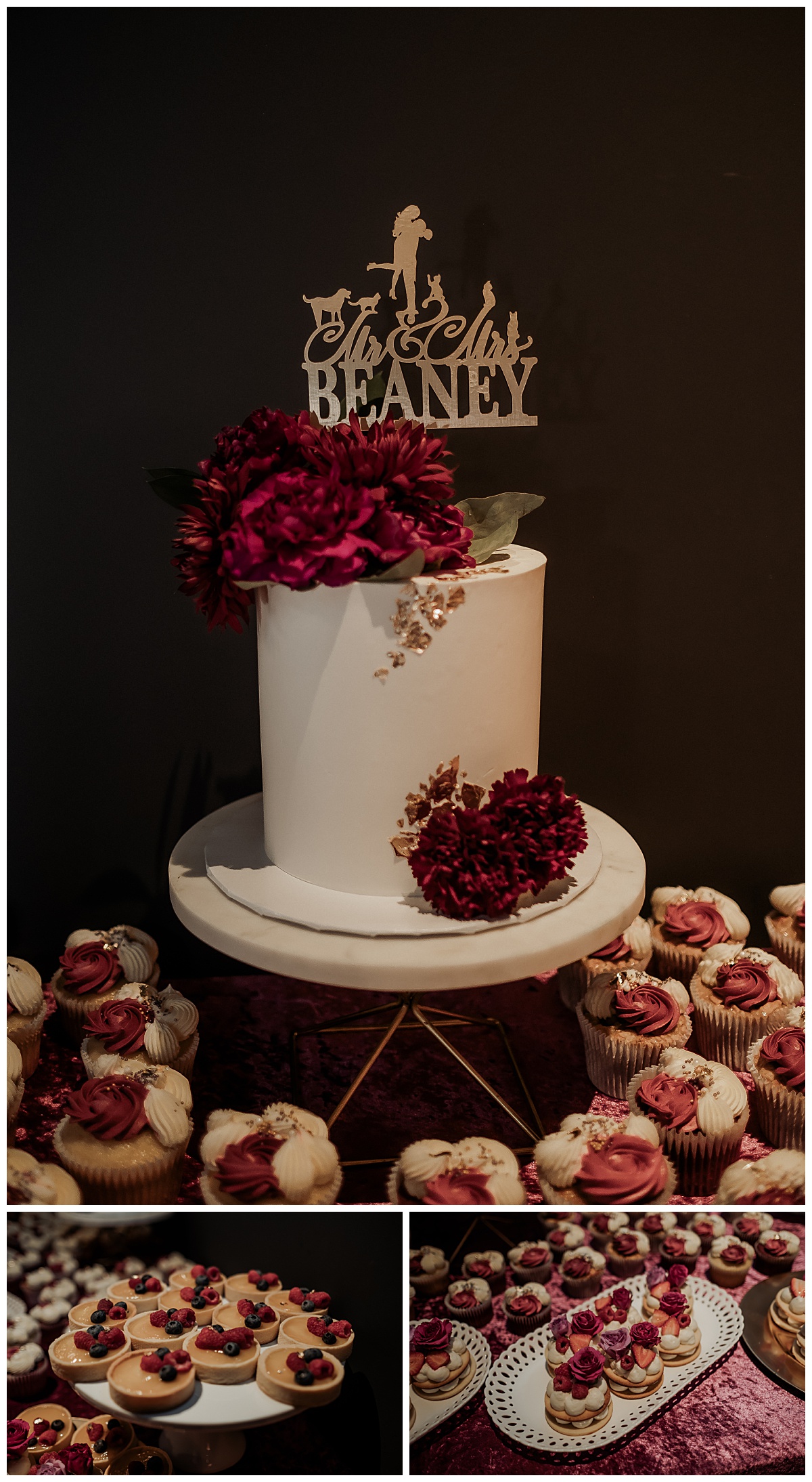 Wedding cake for a moody and romantic wedding at The West Events, an industrial wedding venue in Madeira Beach, FL. 