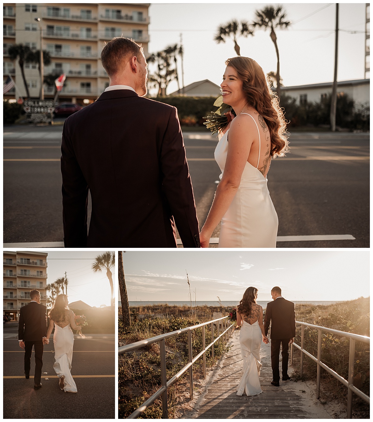 Bride and groom walk hand in hand to the beach for wedding photography by Paisley Sunshine, a wedding photographer in Madeira Beach, Florida. 