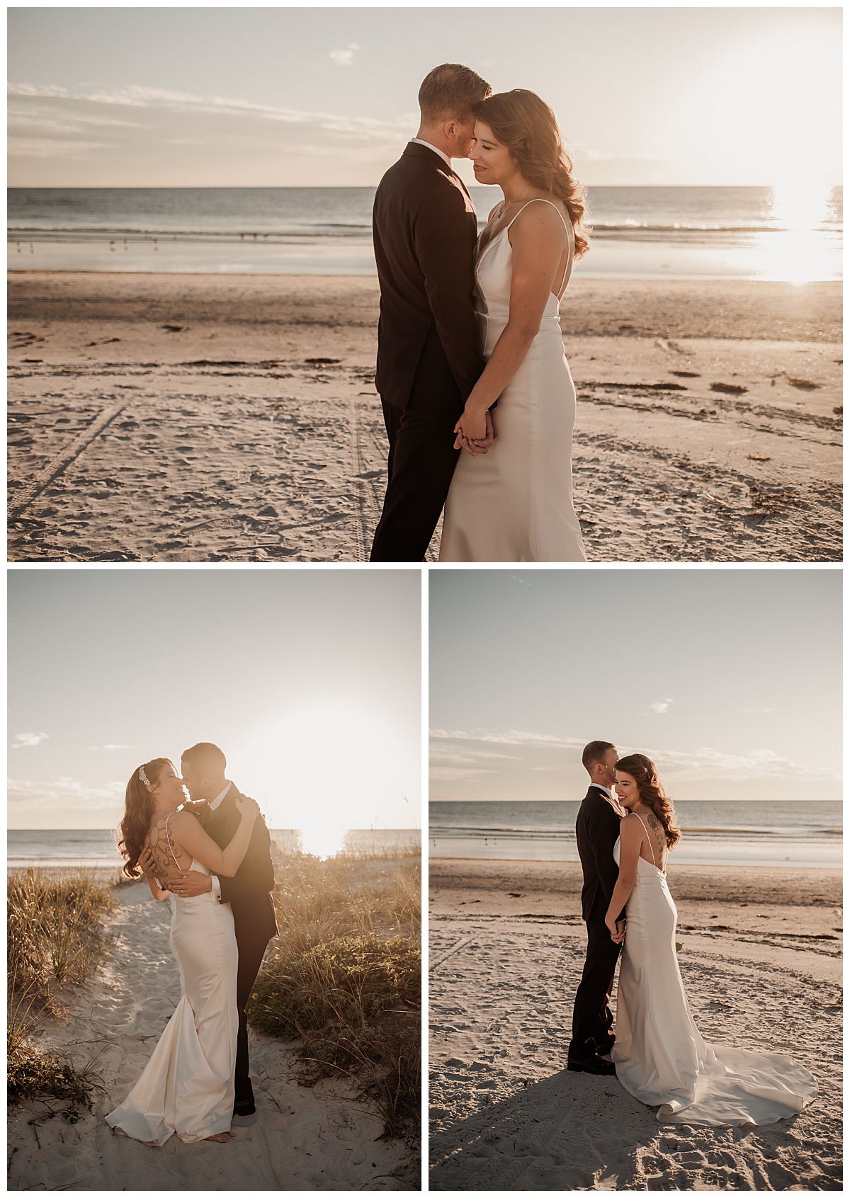 Bride and groom embrace on the beach at sunset for their wedding photos by Paisley Sunshine, a Florida wedding photographer. 