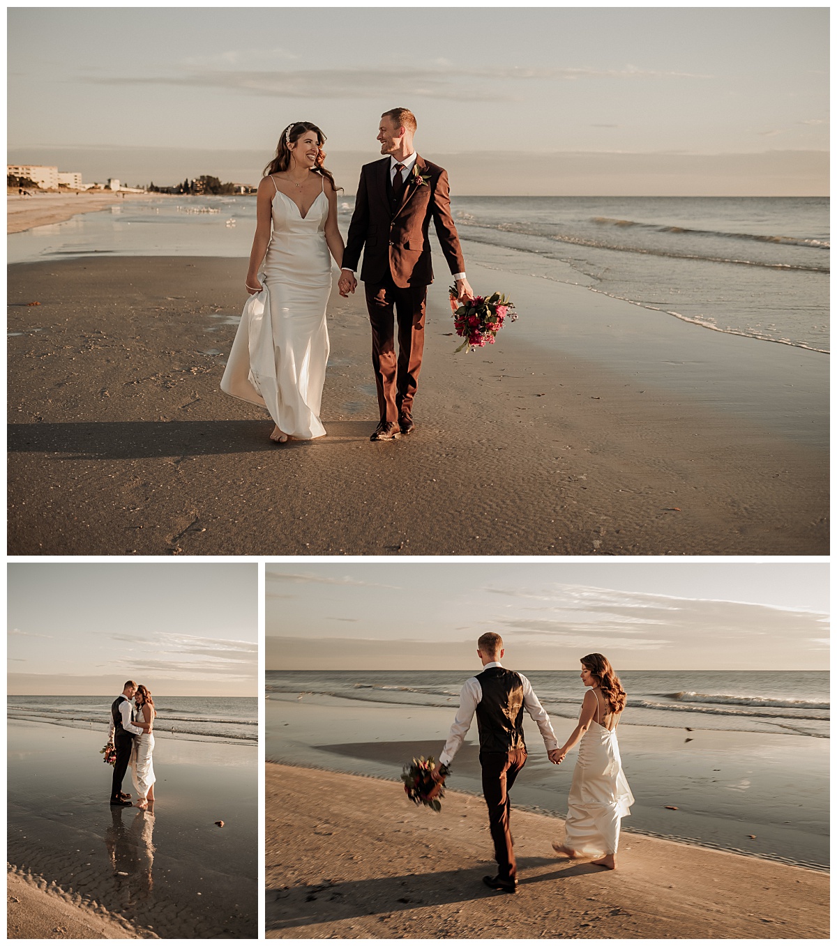 Bride and groom walking on the beach. 