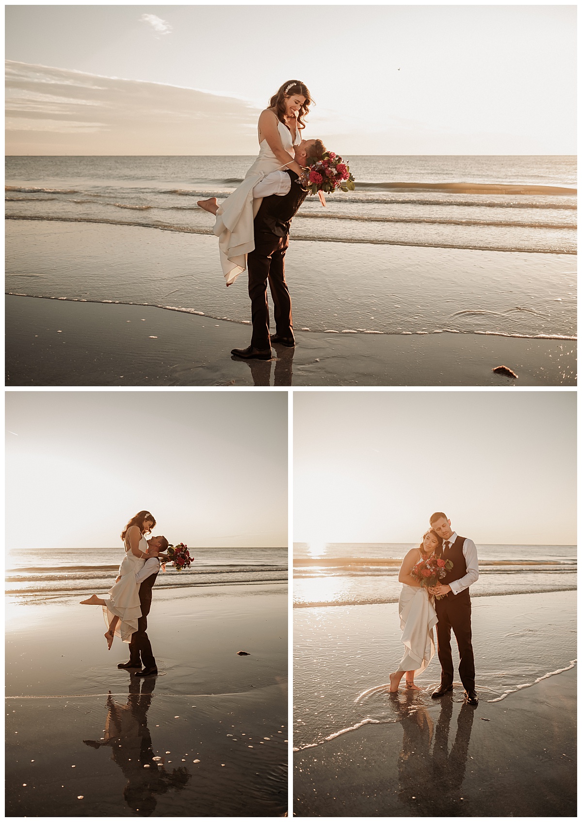 Groom lifts bride in the air on the beach for wedding photos in Madeira Beach, FL. 