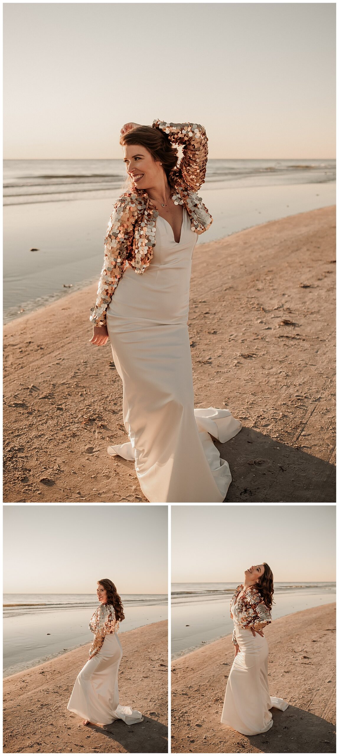 Bridal portraits in sequin jacket on the beach in Madeira Beach, Florida. 