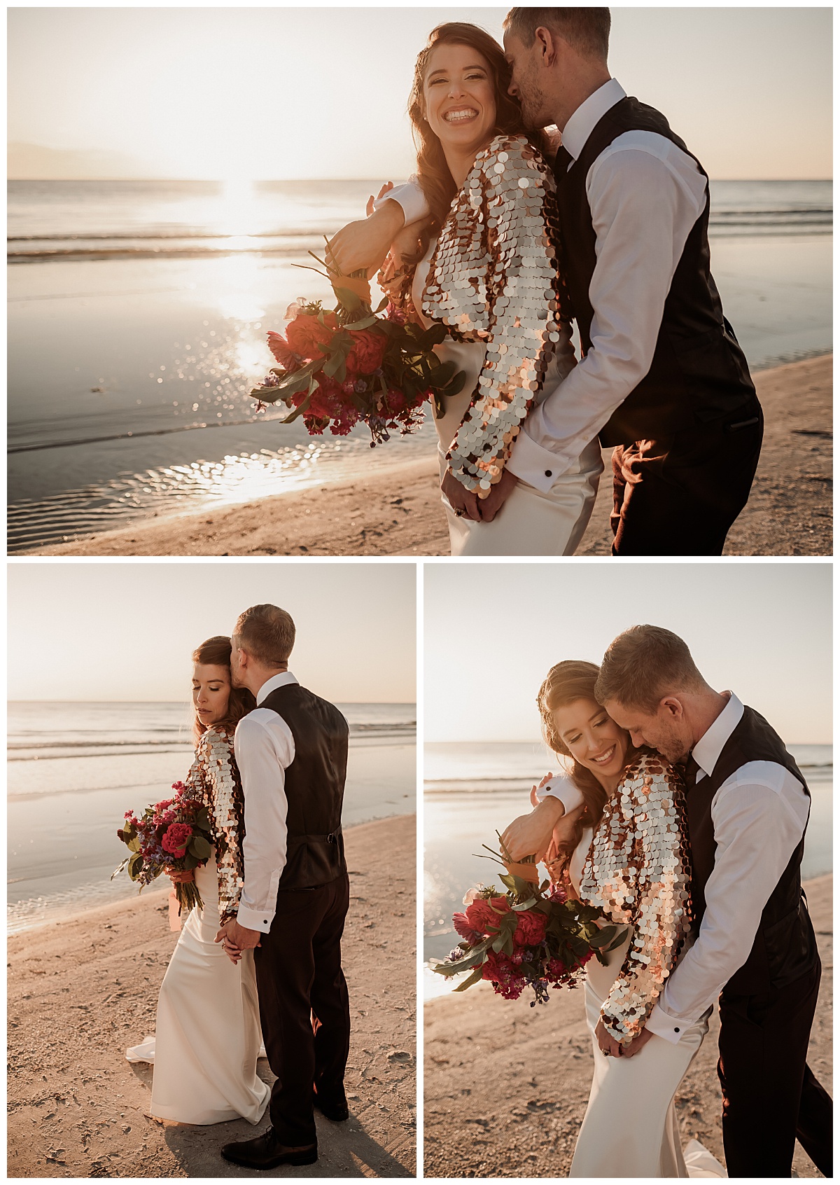 Bride and groom embrace on the beach at sunset. 