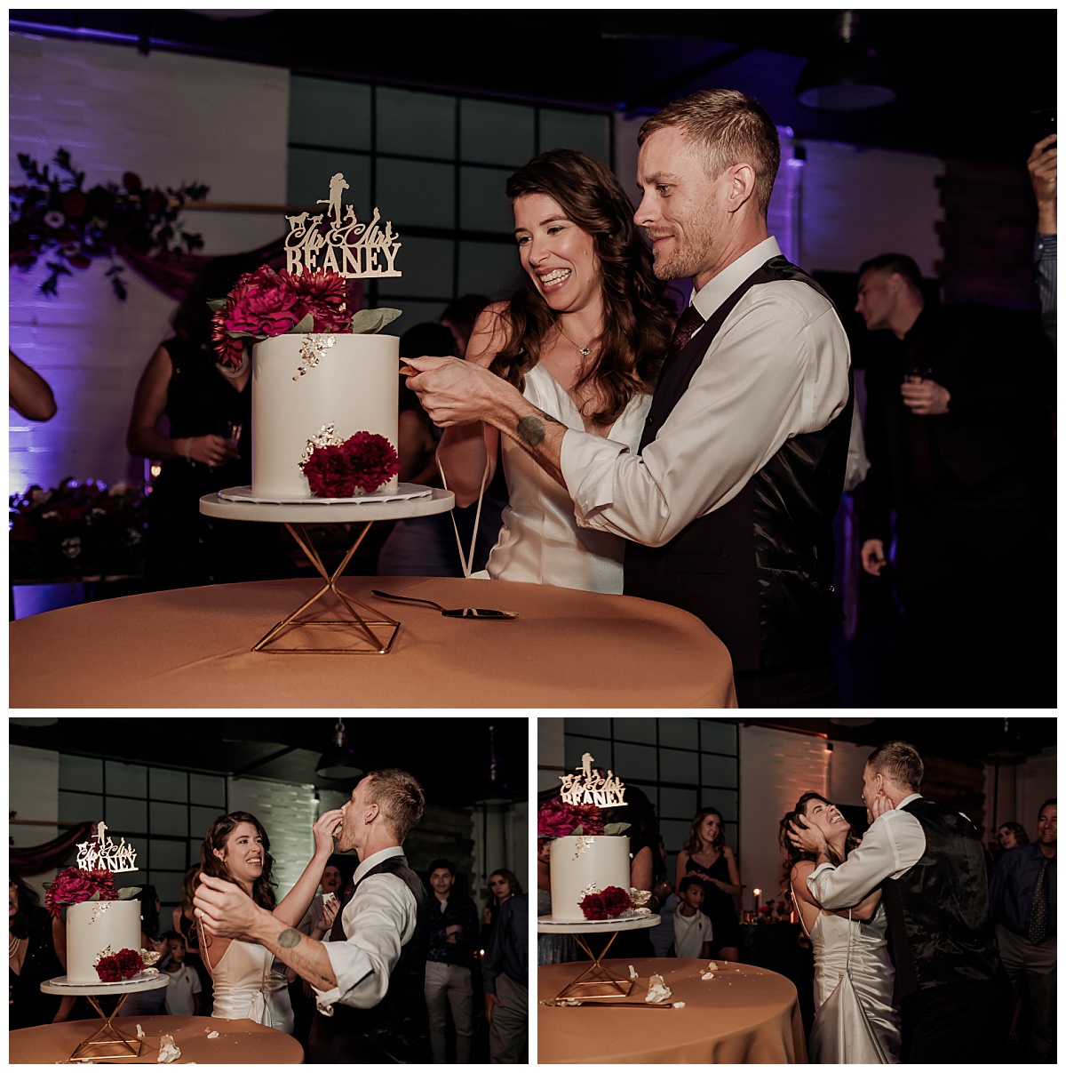 Bride and groom cut the cake. 