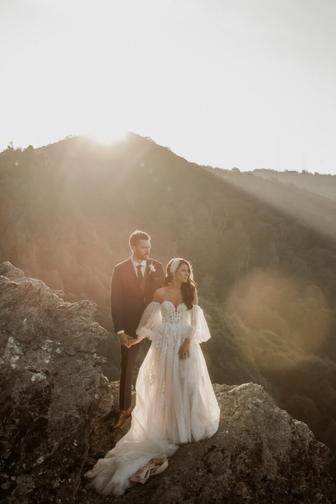 Bride and groom enjoying a quiet moment overlooking the Blue Ridge Mountains