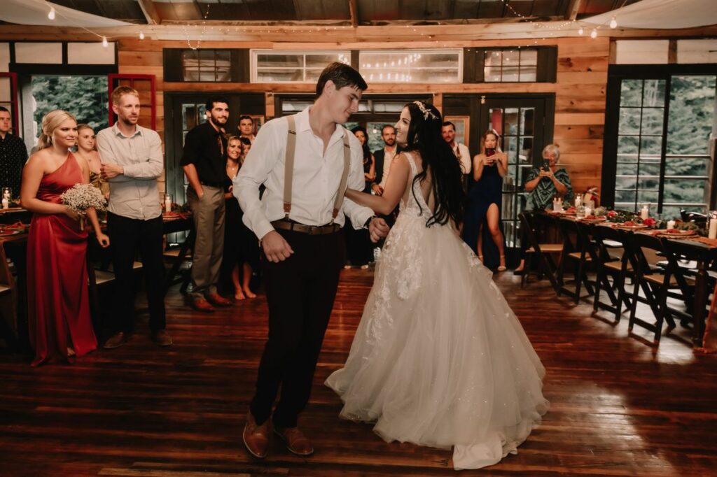 Dance floor magic: Bride and groom steal the show with a choreographed first dance at Brown Mountain Beach Resort.