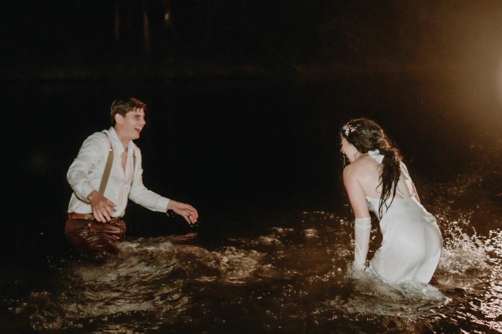 Fairytale ending: Meadow and Jonny's magical night concludes with sparklers, a lake jump, and a bonfire.